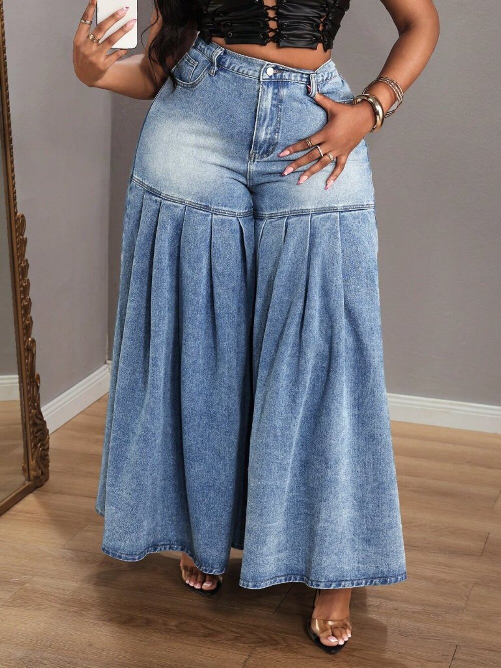 Coffee Brown Casual Women's Plus Size Pleated Wide Leg Denim Maxi Skirt - Picture 7 of 7